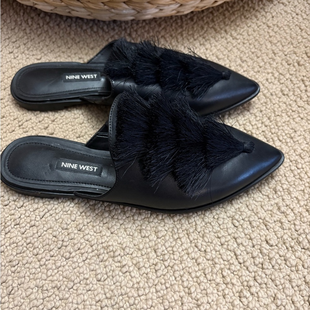 Nine West Black Fur-Trimmed Mules